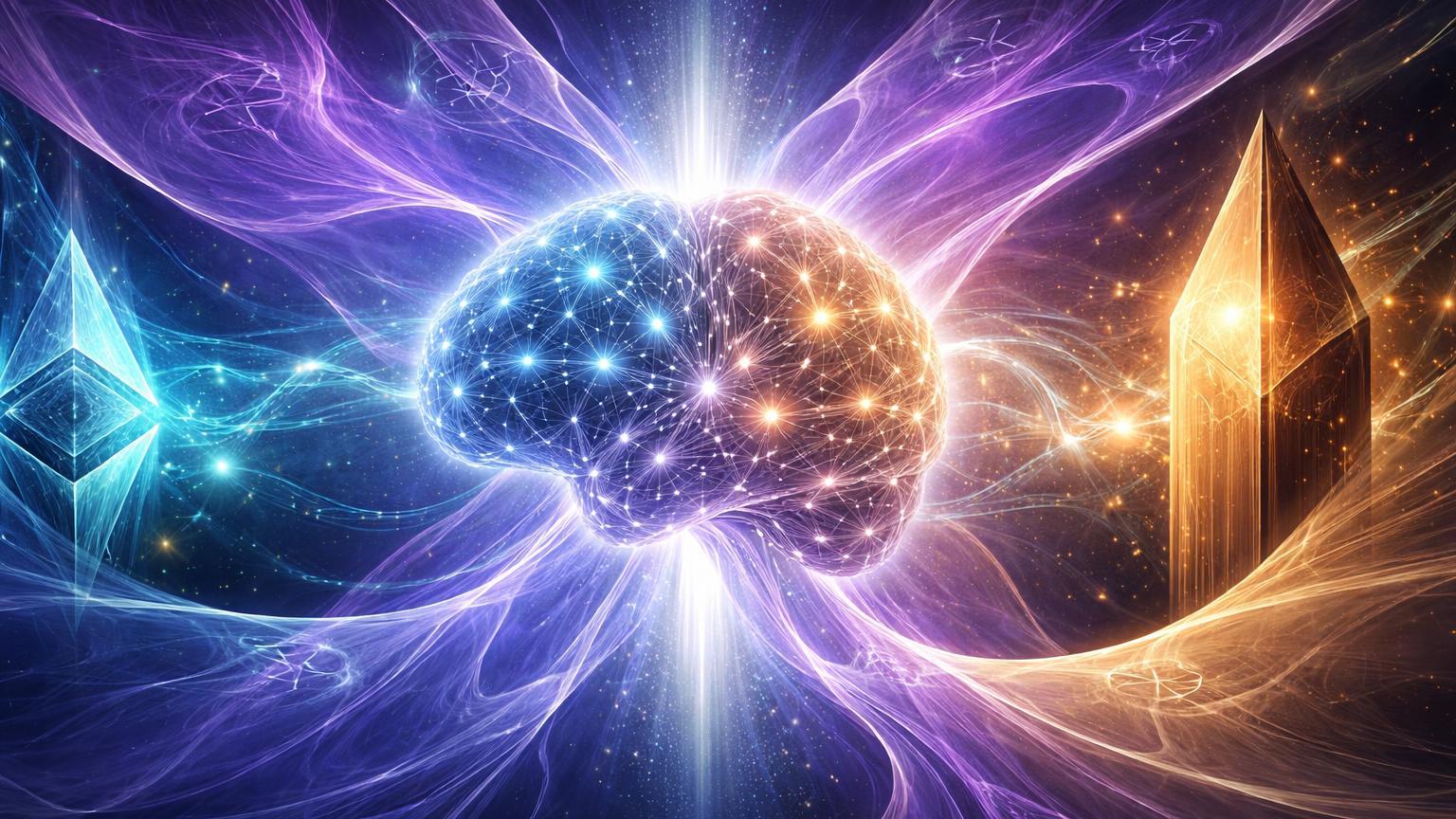 Cérebro de IA etéreo envolto em véus ZK translúcidos com nós cyan Ethereum e dourados Bitcoin, simbolizando privacidade descentralizada