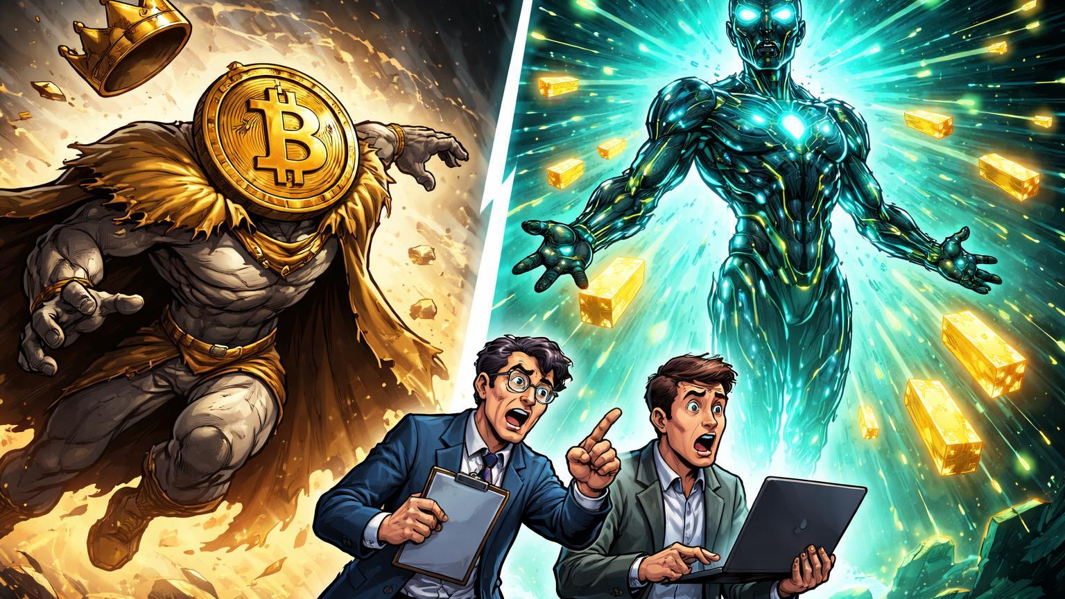 Rei cartoon Bitcoin perdendo coroa ouro enquanto entidade IA ascende sugando capital, com analistas alertando sobre perda do status de ouro digital