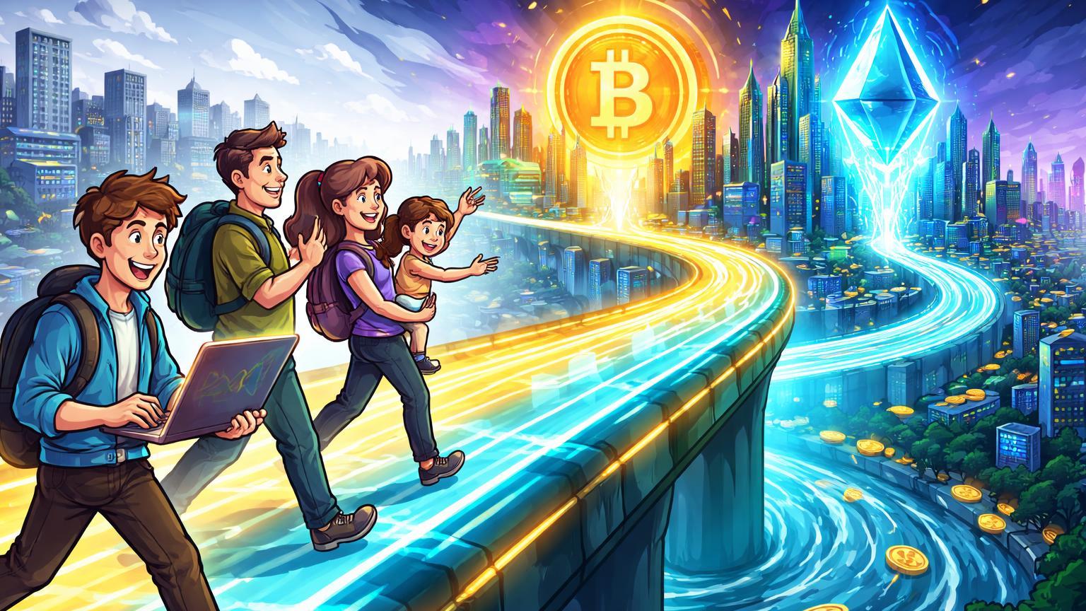 Personagens cartoon diversos cruzando ponte luminosa cyan-dourada para cidade cripto com portais BTC e ETH, simbolizando democratização via nano futuros e pagamentos instantâneos