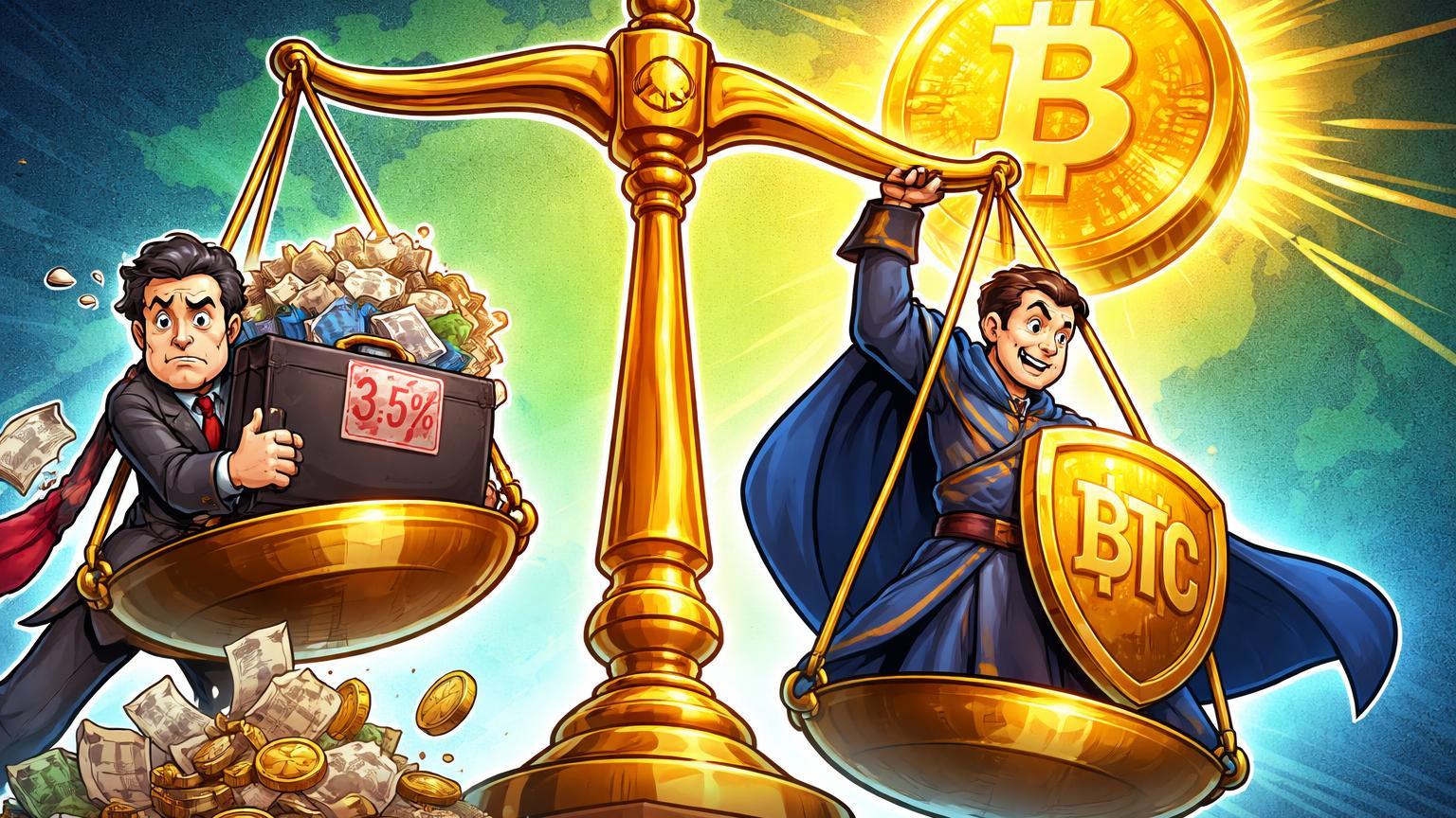 Balança em impasse com personagens cartoon: Executivo puxando impostos IOF 3,5% vs Legislativo elevando reserva soberana de Bitcoin no Brasil