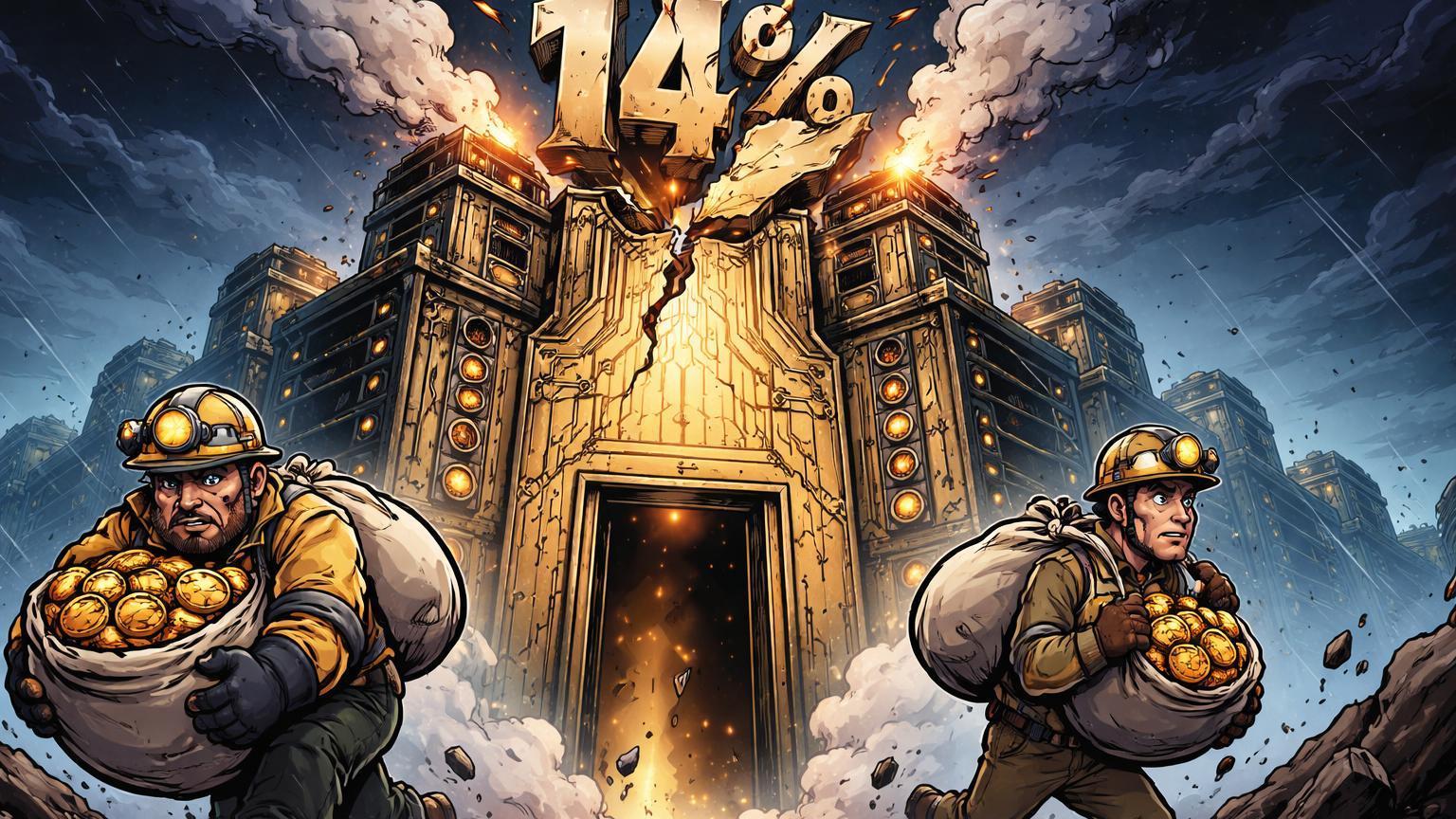 Mineradores cartoon saindo de fortaleza de mineração rachada com placa 14% caindo, representando crise e queda de dificuldade na rede Bitcoin