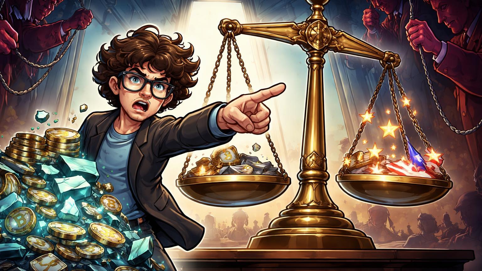 Personagem cartoon de SBF apontando para balança judicial desequilibrada com sombras políticas e fragmentos FTX, simbolizando pedido de novo julgamento