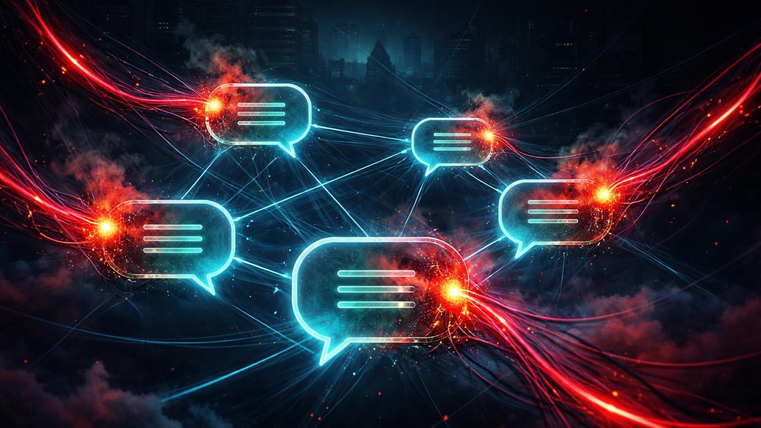 Rede de bolhas de chat cibernéticas infiltradas por filamentos vermelhos tóxicos, simbolizando malware IA norte-coreano atacando apps cripto