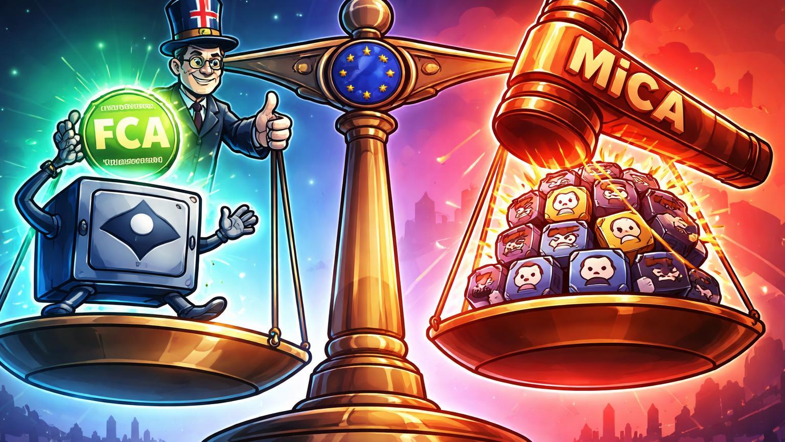 Balança regulatória UE com aprovação FCA para Blockchain.com subindo e MiCA pressionando exchanges francesas, impacto europeu em cripto