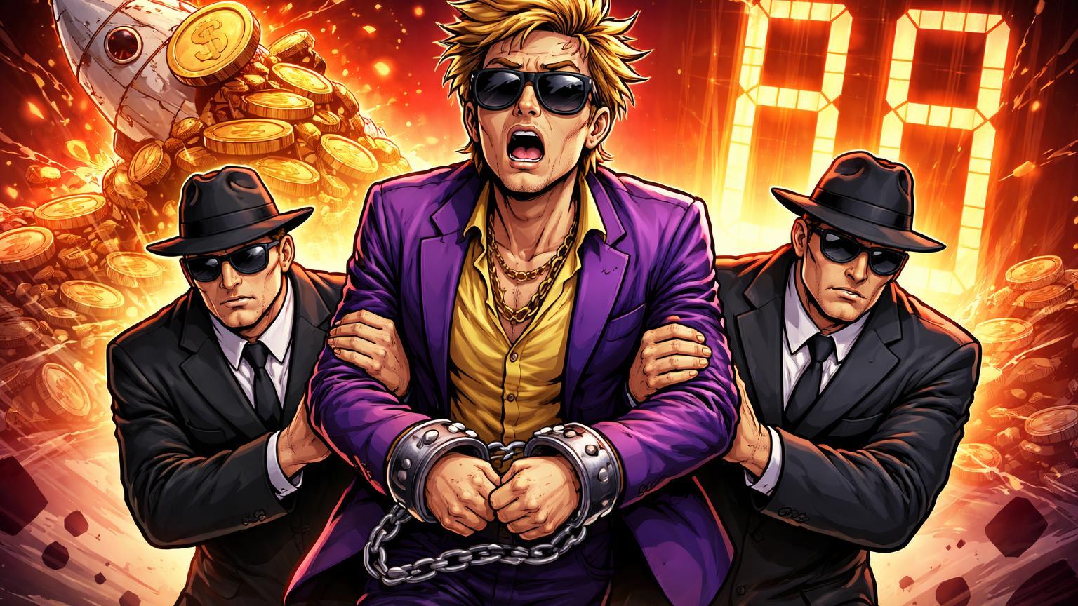 CEO cartoon algemado por agentes federais com meme coin desmoronando ao fundo, expondo riscos de fraude em projetos como SafeMoon