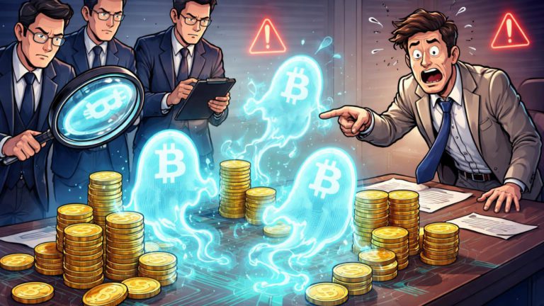 Reguladores cartoon investigando executivos de exchange com pilhas de Bitcoin fantasmas translúcidos, ilustrando erro de segurança na Bithumb