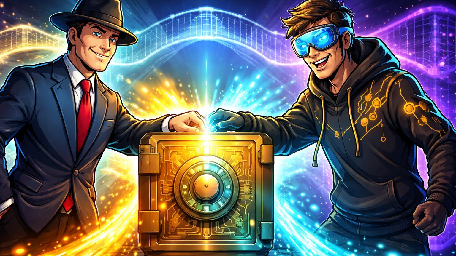 Executivo tradicional e trader tech cartoon ativando cofre tokenizado com fluxos dourado e cyan, simbolizando parceria em colateral OTC tokenizado
