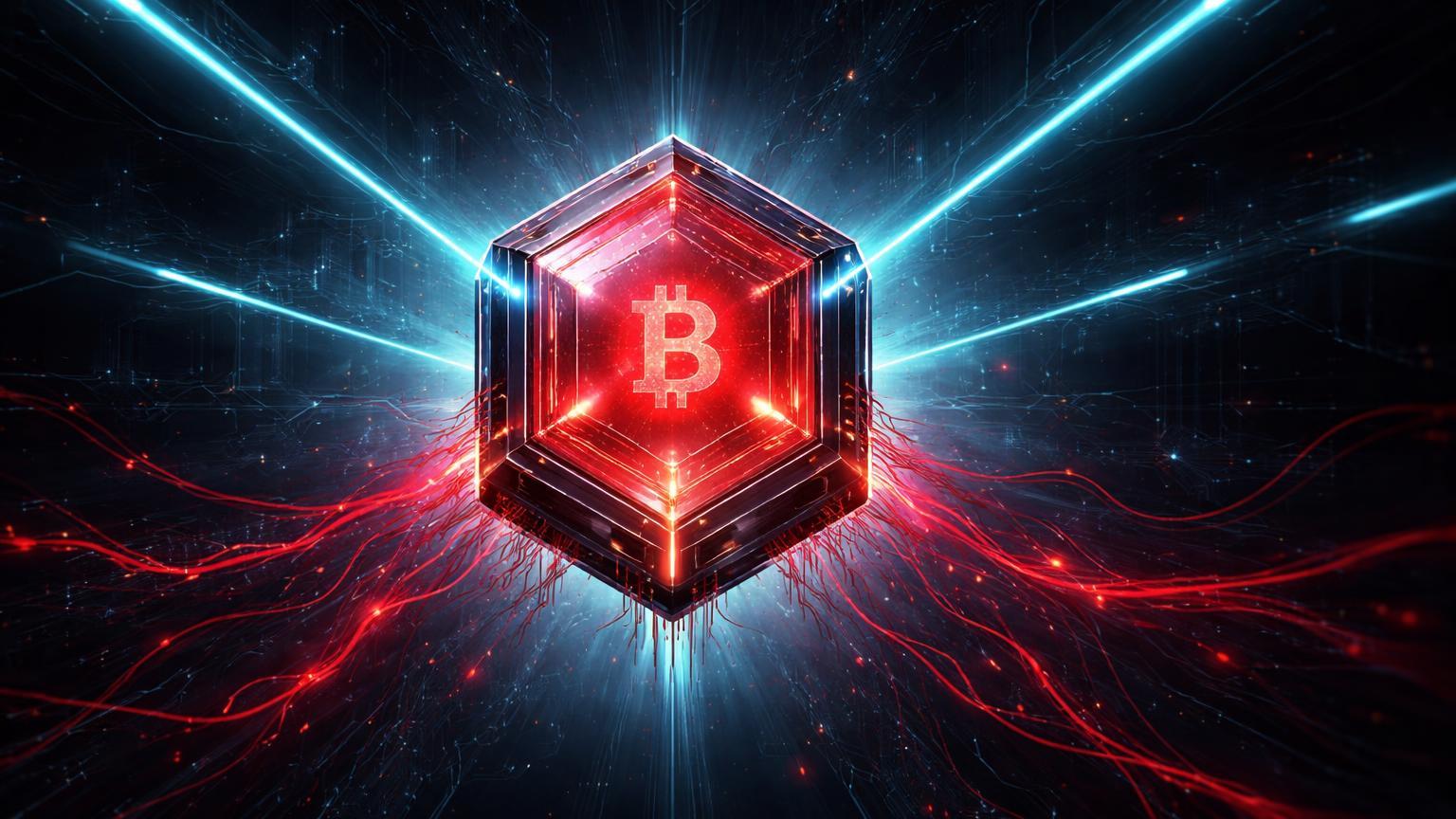 Carteira digital Bitcoin pulsante vermelha com trilhas de transações rastreadas por feixes cyan, simbolizando atividade em resgate de sequestro e análise on-chain