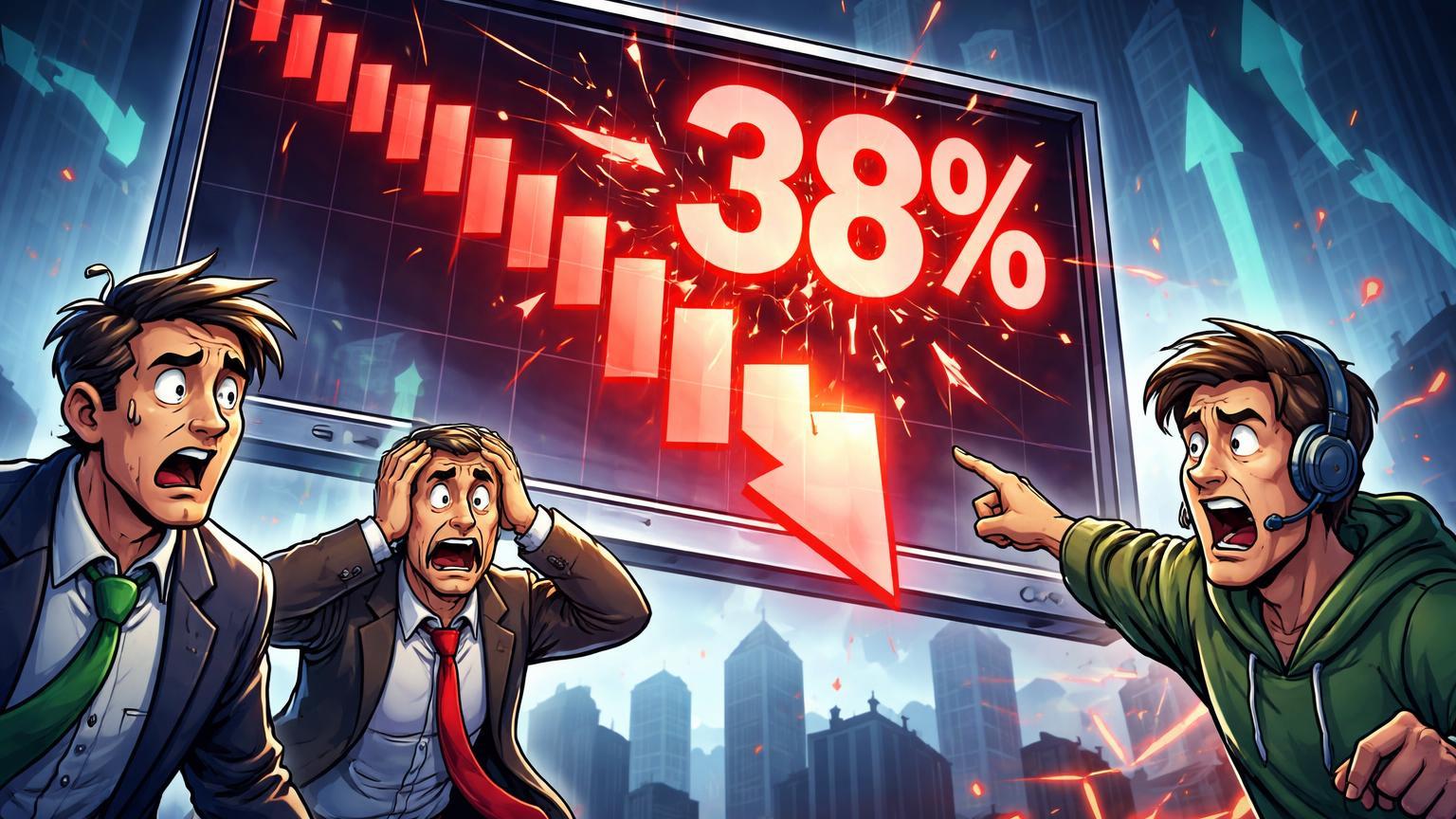 Executivos e traders cartoon em pânico com gráfico de receita cripto despencando 38%, ilustrando crise na Robinhood e alerta para varejo cripto