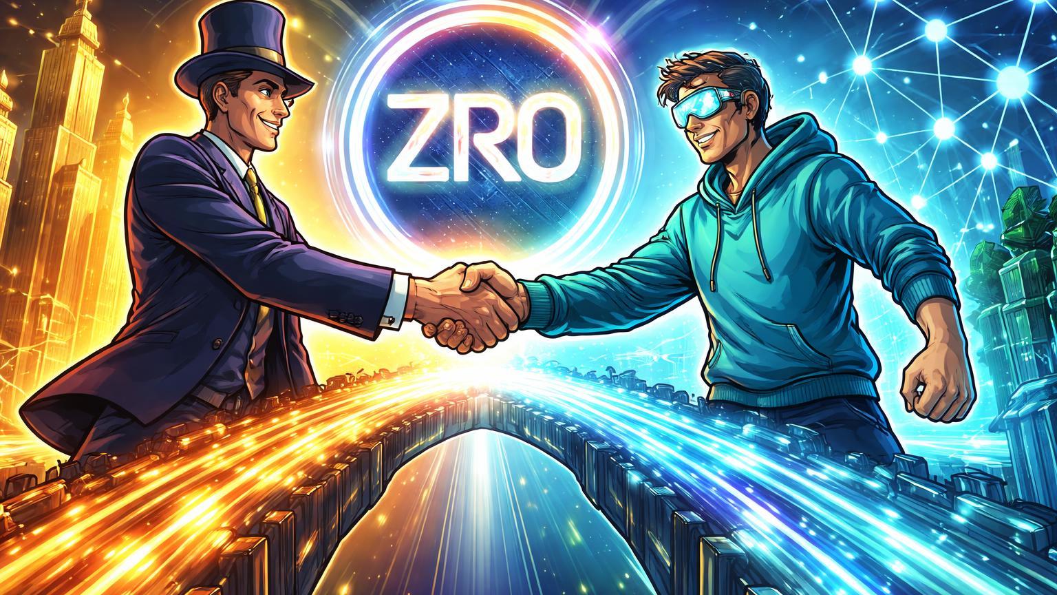 Personagens cartoon de Wall Street e Web3 apertando mãos sobre ponte luminosa com ZRO, simbolizando lançamento da LayerZero para instituições