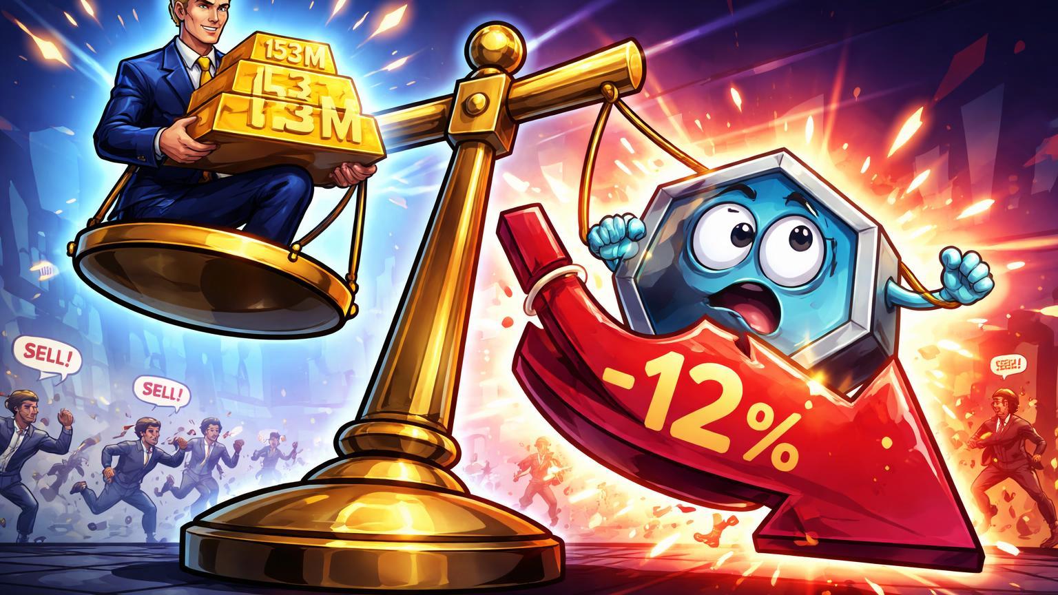 Balança cartoon desequilibrada com suporte institucional dourado do Goldman Sachs e XRP caindo em vermelho, ilustrando queda de 12% inesperada