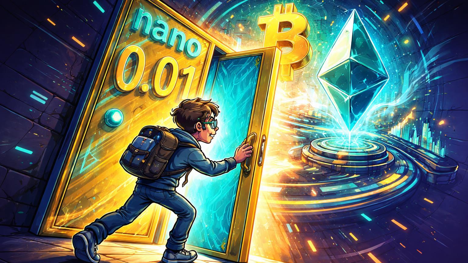 Iniciante cartoon abrindo portinha 'nano 0.01' para mundo luminoso de BTC e ETH, simbolizando acesso democratizado a futuros