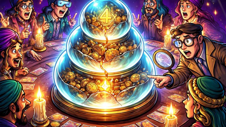 Personagens cartoon como videntes ao redor de globo de cristal 4x inflado com rachaduras falsas, alertando riscos em mercados de previsão como Polymarket