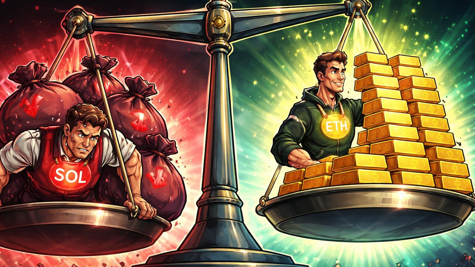 Balança cartoon desequilibrada: tesourarias Solana curvadas sob sacos vermelhos de perdas, BitMine empilhando ETH dourados em sell-off