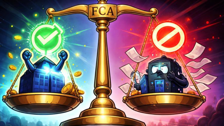 Balança regulatória com personagens cartoon: Blockchain.com aprovado pela FCA e HTX processado por ilegalidade no Reino Unido