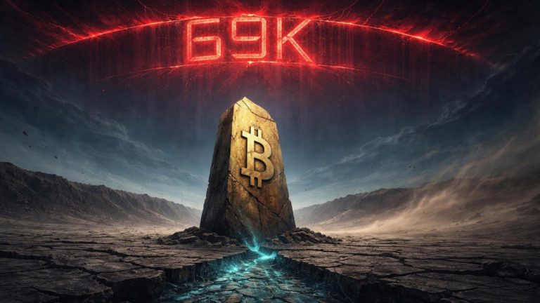 Monolito Bitcoin desgastado em platô árido sob barreira vermelha de resistência 69K e rio seco de capital, alertando influxos negativos