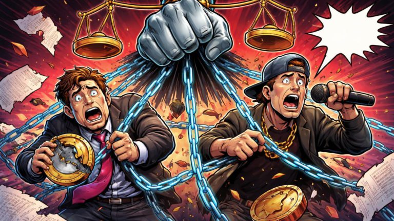 Mão da justiça cartoon apertando rede sobre CEO e influencer fraudulentos, simbolizando condenação SafeMoon e denúncia Logan Paul