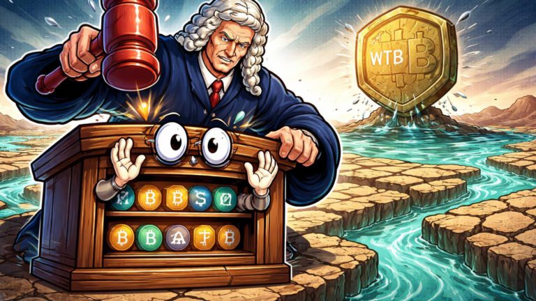 Juiz cartoon multando plataforma P2P enquanto rios de liquidez secam e token WBTC flutua em poça, ilustrando multa DOJ e crise cripto