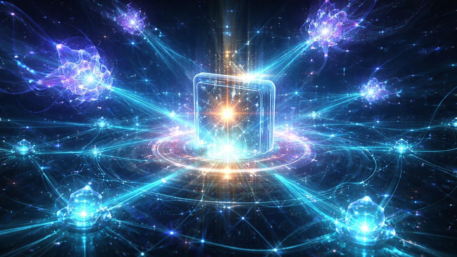 Entidades IA etéreas autônomas emergindo de carteira translúcida em rede DeFi pulsante, ilustrando carteiras agentic da Coinbase