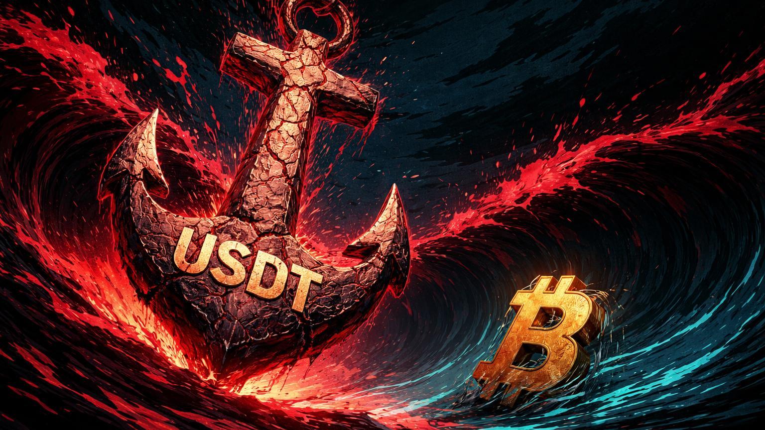 Âncora USDT contraindo em oceano digital turbulento com silhueta Bitcoin afetada, simbolizando redução na capitalização e liquidez