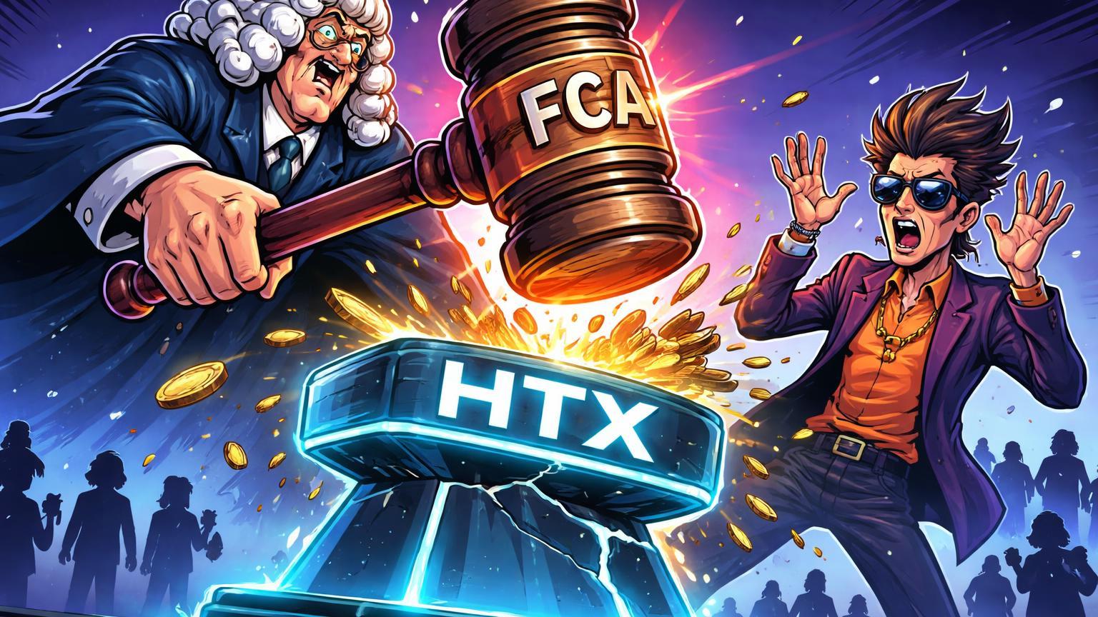 Juiz regulador cartoon batendo martelo FCA sobre plataforma HTX quebrando, com usuários preocupados, ilustrando processo por promoções ilegais no UK