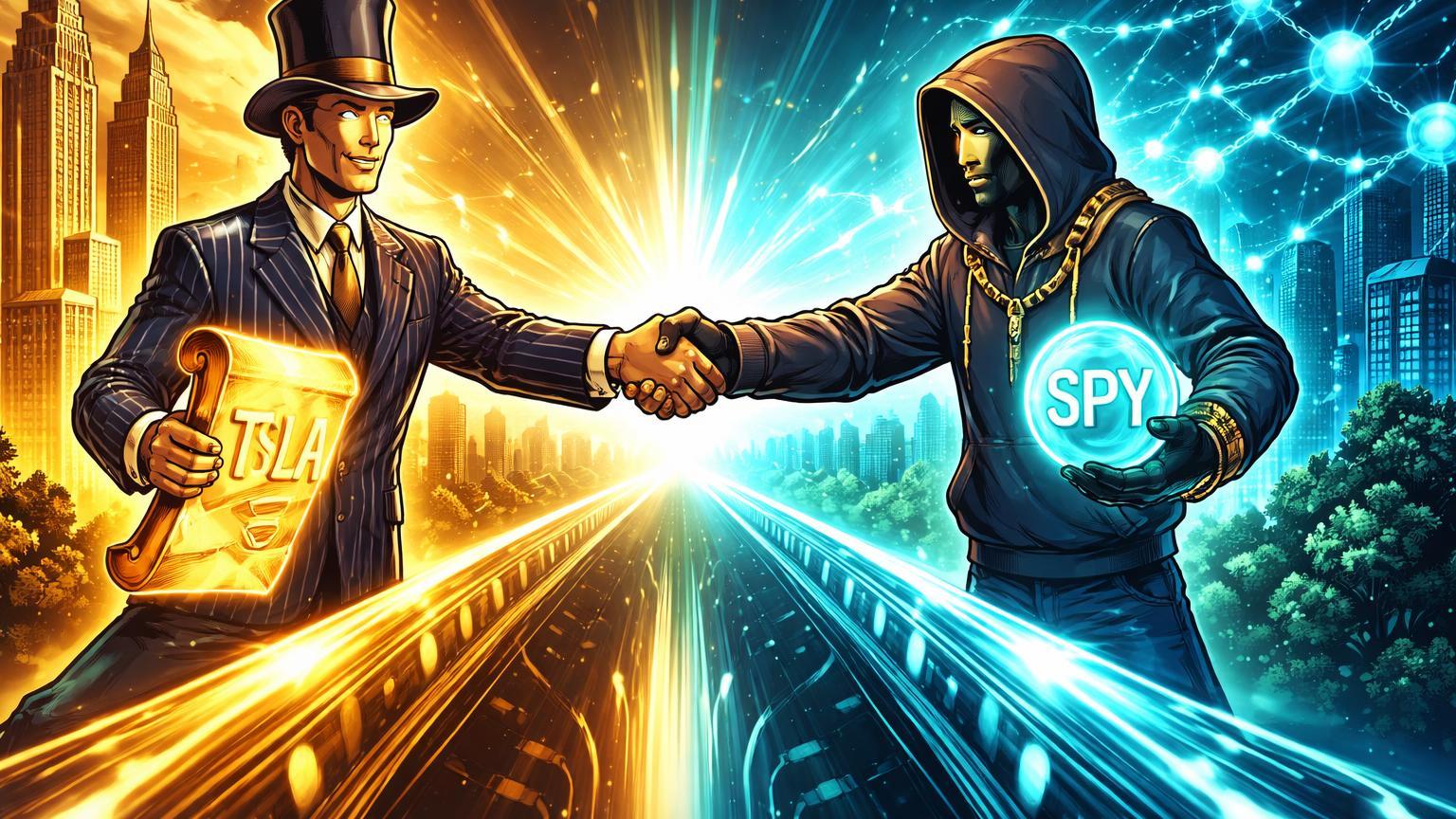 Personagens cartoon de Wall Street e DeFi apertando mãos em ponte luminosa com TSLA e SPY, simbolizando tokenização on-chain por Ondo e Chainlink