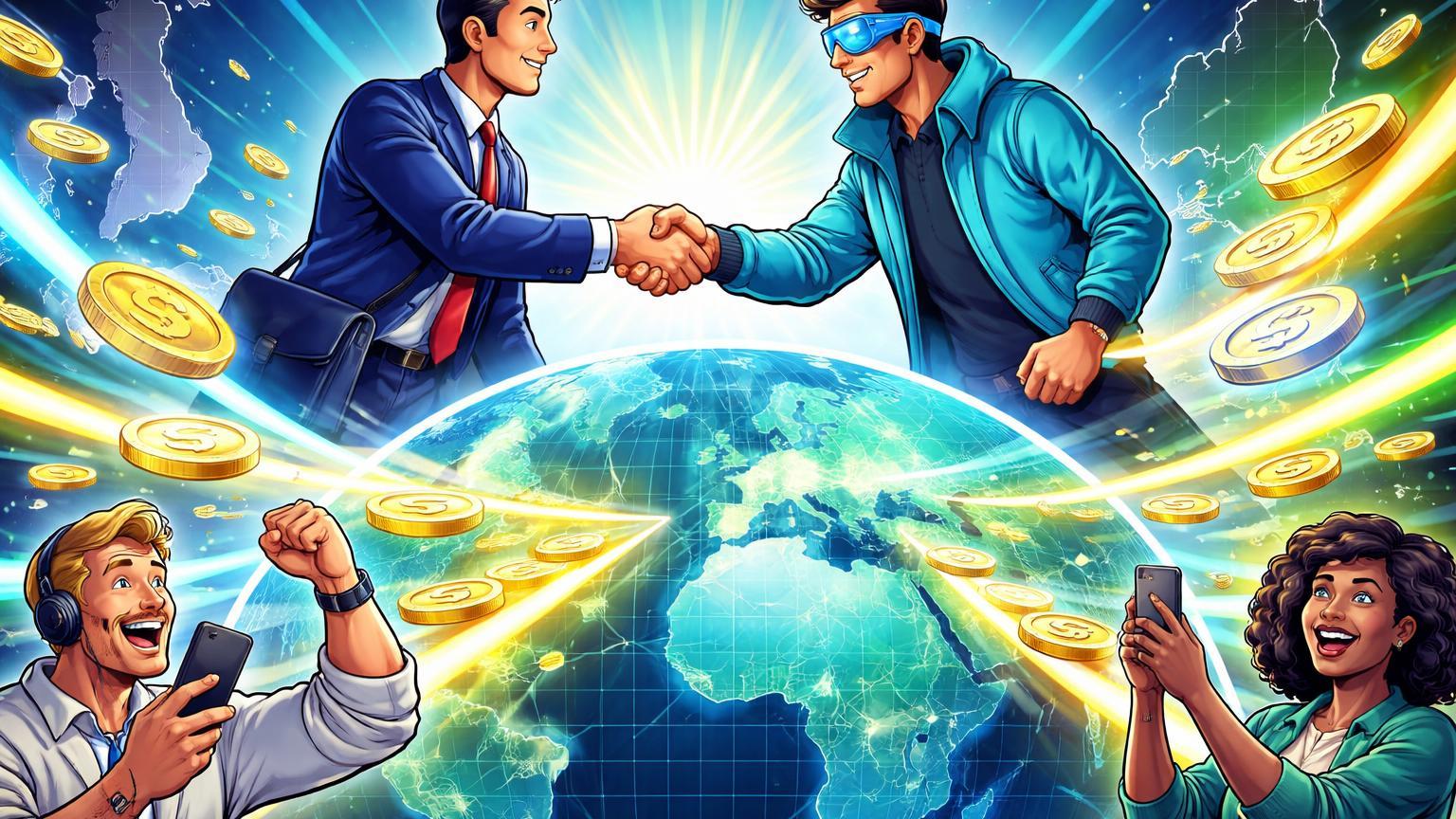 Executivos cartoon apertando mãos sobre globo com fluxos de stablecoins para trabalhadores na Europa e Brasil, celebrando lançamento de salários em cripto