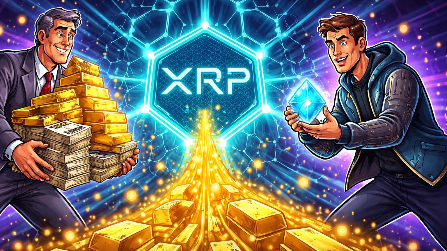 Executivos cartoon transferindo pilha de ativos dourados para rede XRPL com XRP integrado, simbolizando acordo de US$300 bi com Aviva