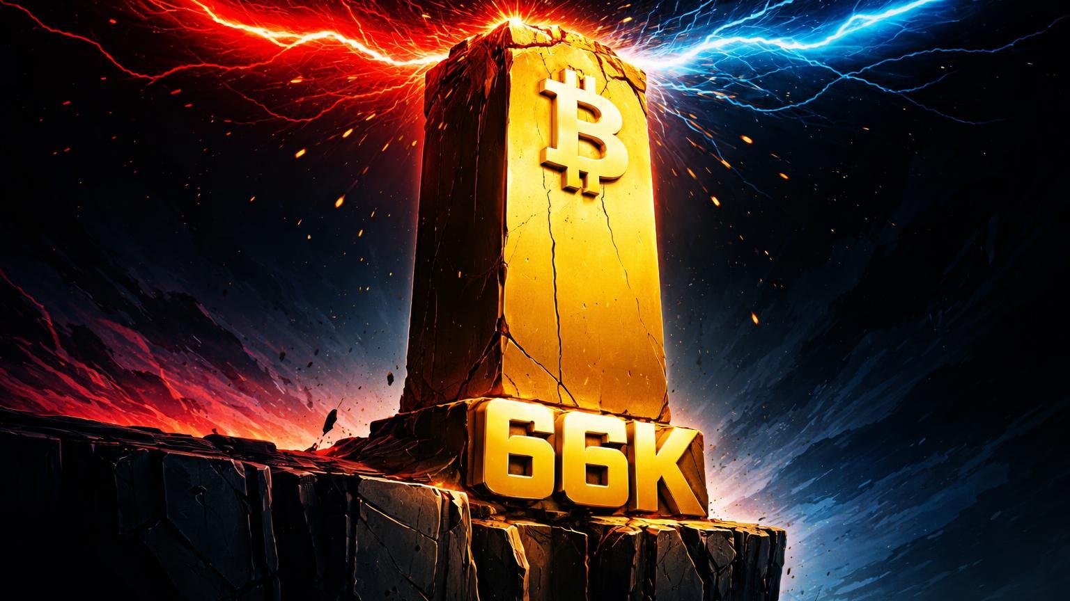 Pilar dourado com 66K gravado na base resistindo ondas vermelhas de pressão macro, simbolizando teste de suporte do Bitcoin em volatilidade elevada