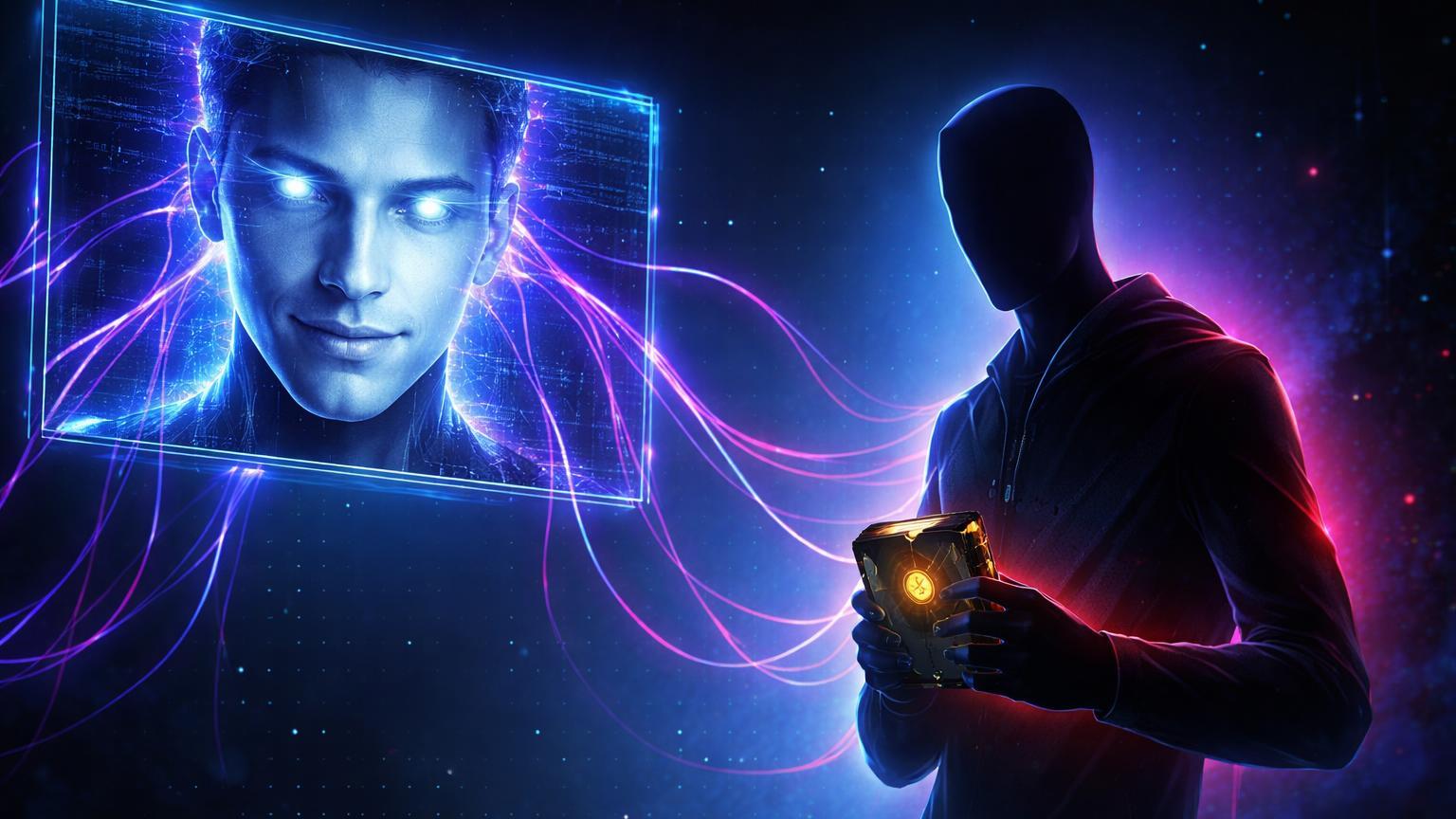 Tela cyberpunk com rosto deepfake glitchado estendendo tentáculos IA para silhueta de trader, alertando sobre ataques hackers norte-coreanos em cripto