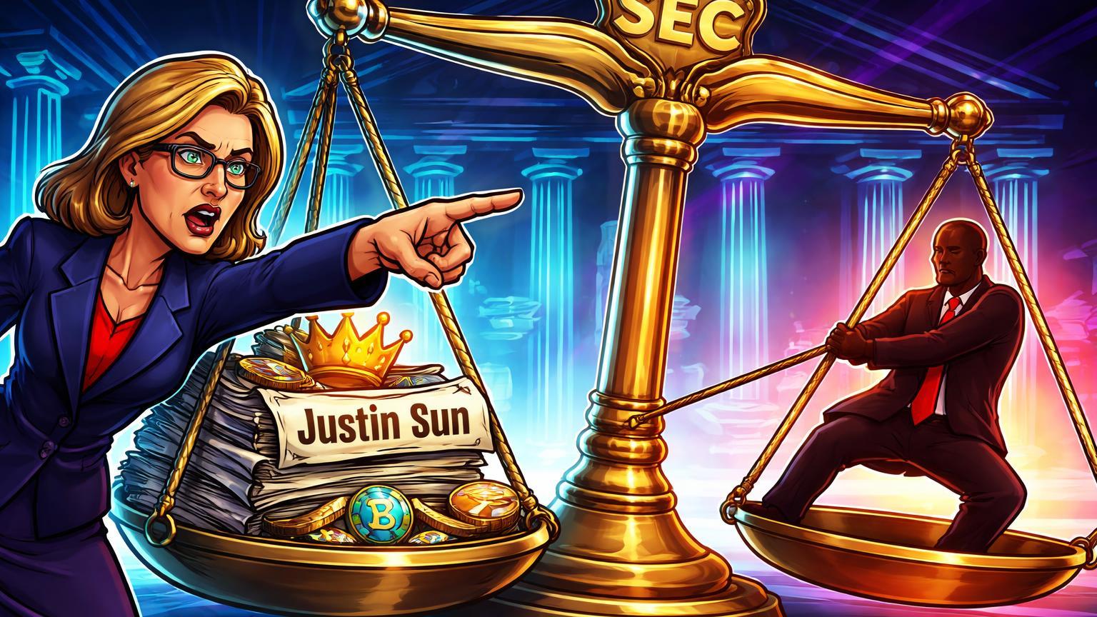 Senadora cartoon pressionando balança da SEC com dossiê Justin Sun e silhueta política puxando corda, ilustrando pressão regulatória cripto