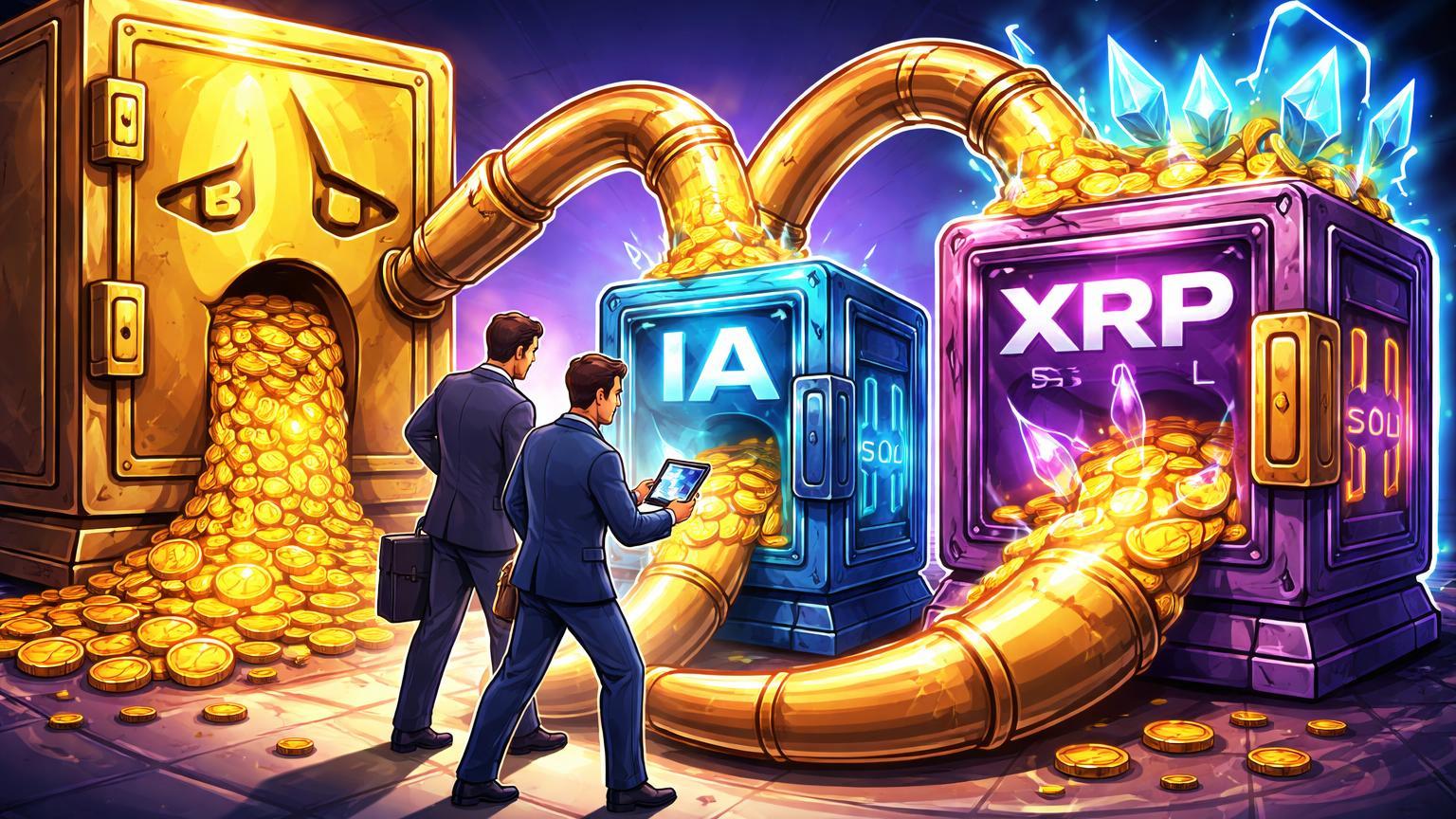 Executivos cartoon drenando ouro de cofre BTC para cofres IA, XRP e SOL, simbolizando rotação institucional de US$ 62 bi
