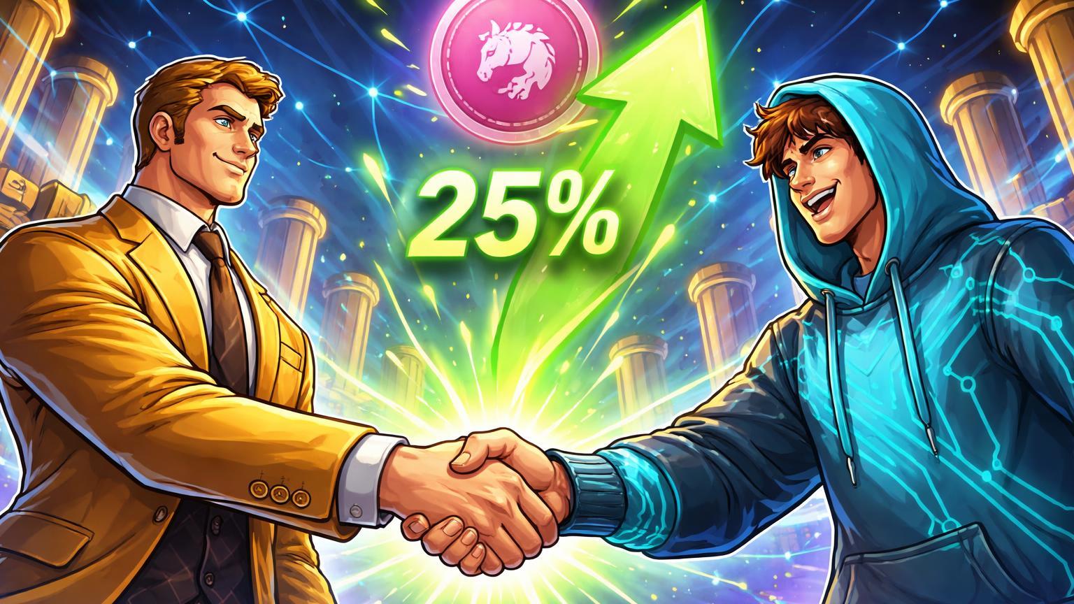 Executivos cartoon de BlackRock e DeFi apertando mãos com token UNI e seta 25% ascendendo, simbolizando listagem BUIDL na Uniswap