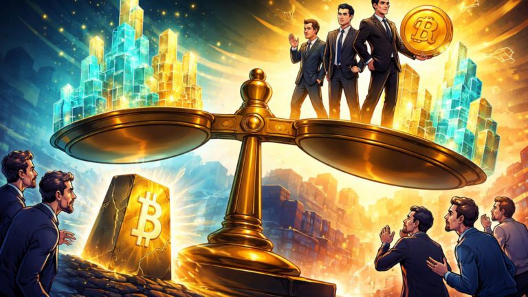 Balança global cartoon inclinada para Ásia com fluxos dourados institucionais da BlackRock contrastando pessimismo ocidental e Bitcoin em potencial fundo