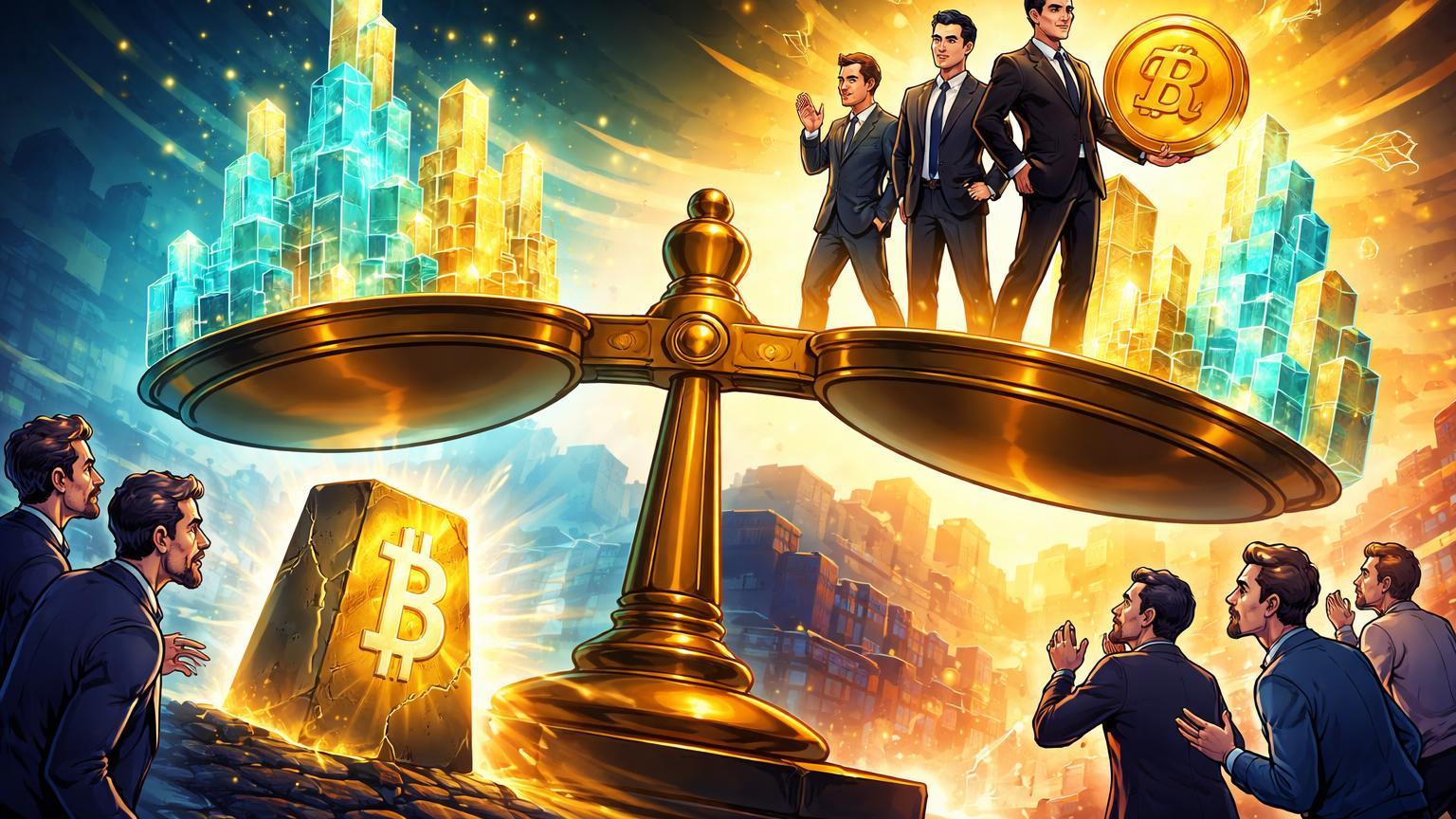 Balança global cartoon inclinada para Ásia com fluxos dourados institucionais da BlackRock contrastando pessimismo ocidental e Bitcoin em potencial fundo