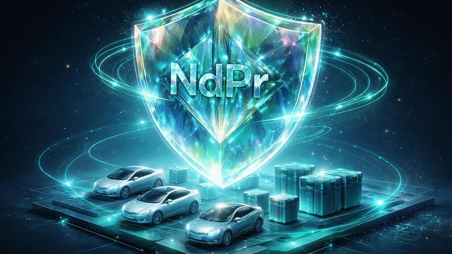 Escudo cristalino translúcido de NdPr protegendo formação de veículos elétricos, com fluxos tokenizados, simbolizando hedge da CME para setor EVs