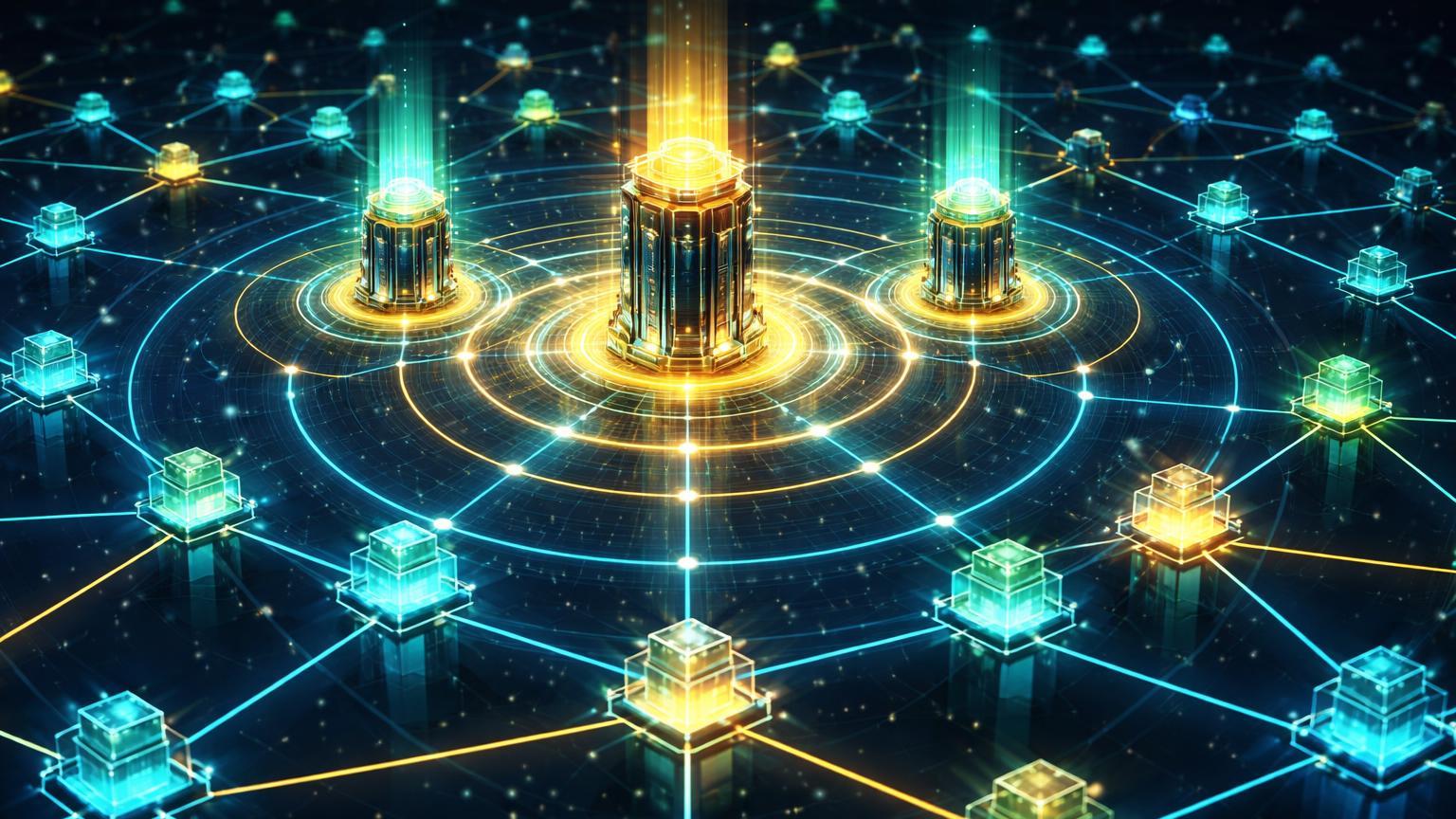 Rede isométrica de nós blockchain com SuperNodes centrais pulsantes enviando ondas de upgrade, simbolizando robustez da Pi Network Mainnet