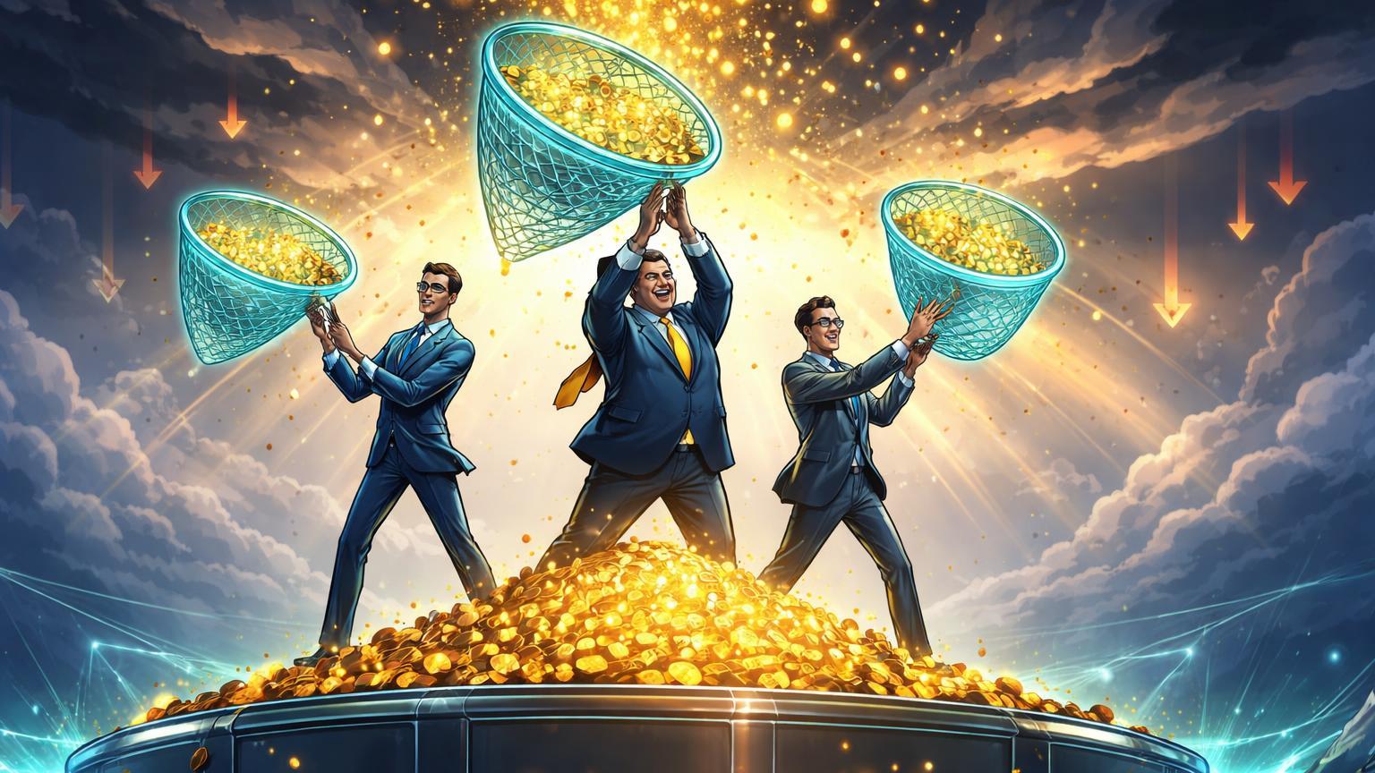 Executivos cartoon com redes capturando partículas douradas caindo de nuvens, simbolizando instituições comprando ETFs de Bitcoin na queda de 13%