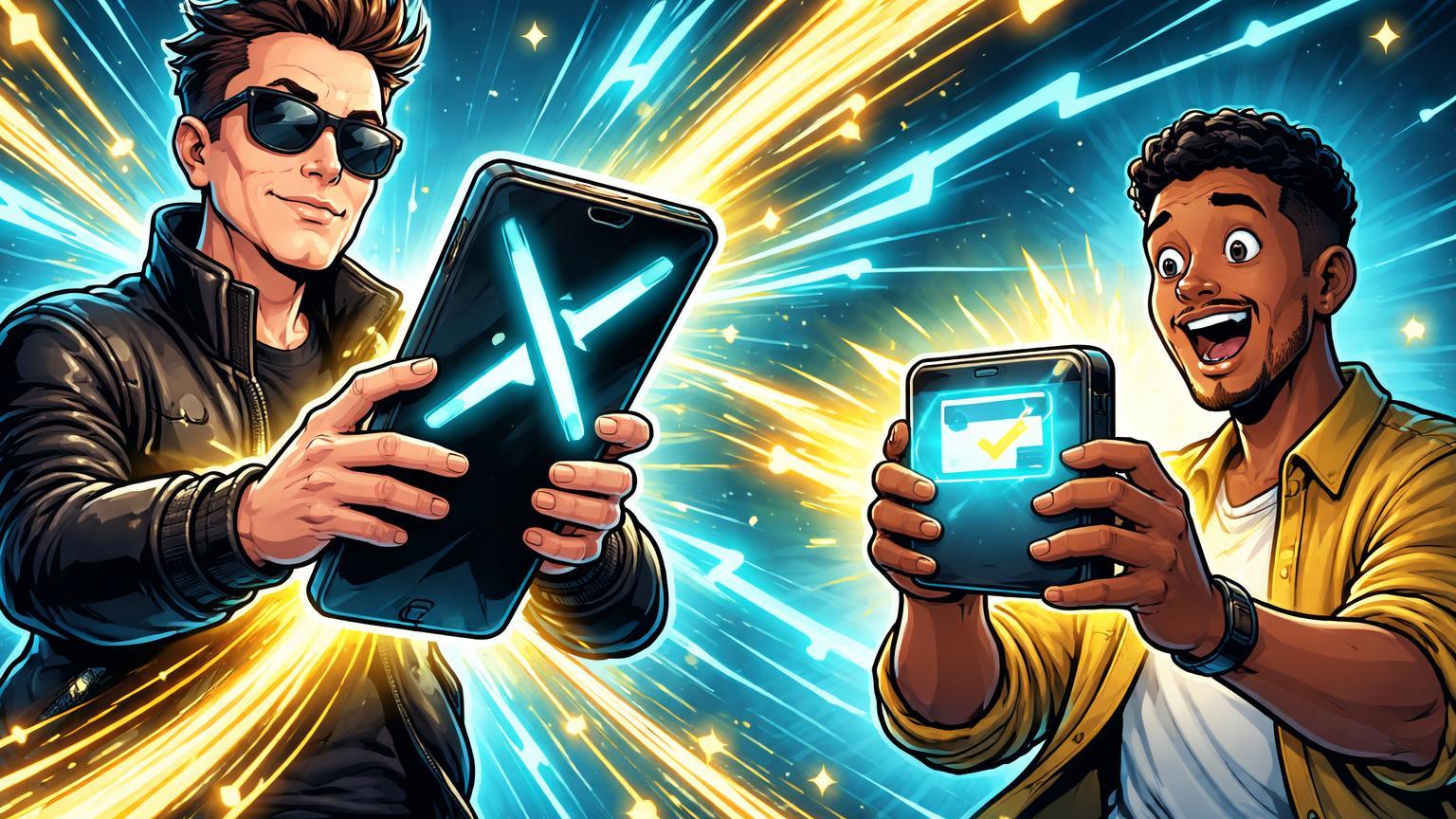 Personagem Elon Musk cartoon ativando fluxos de pagamentos cyan e dourados do super app X para usuário brasileiro, anunciando beta do X Money