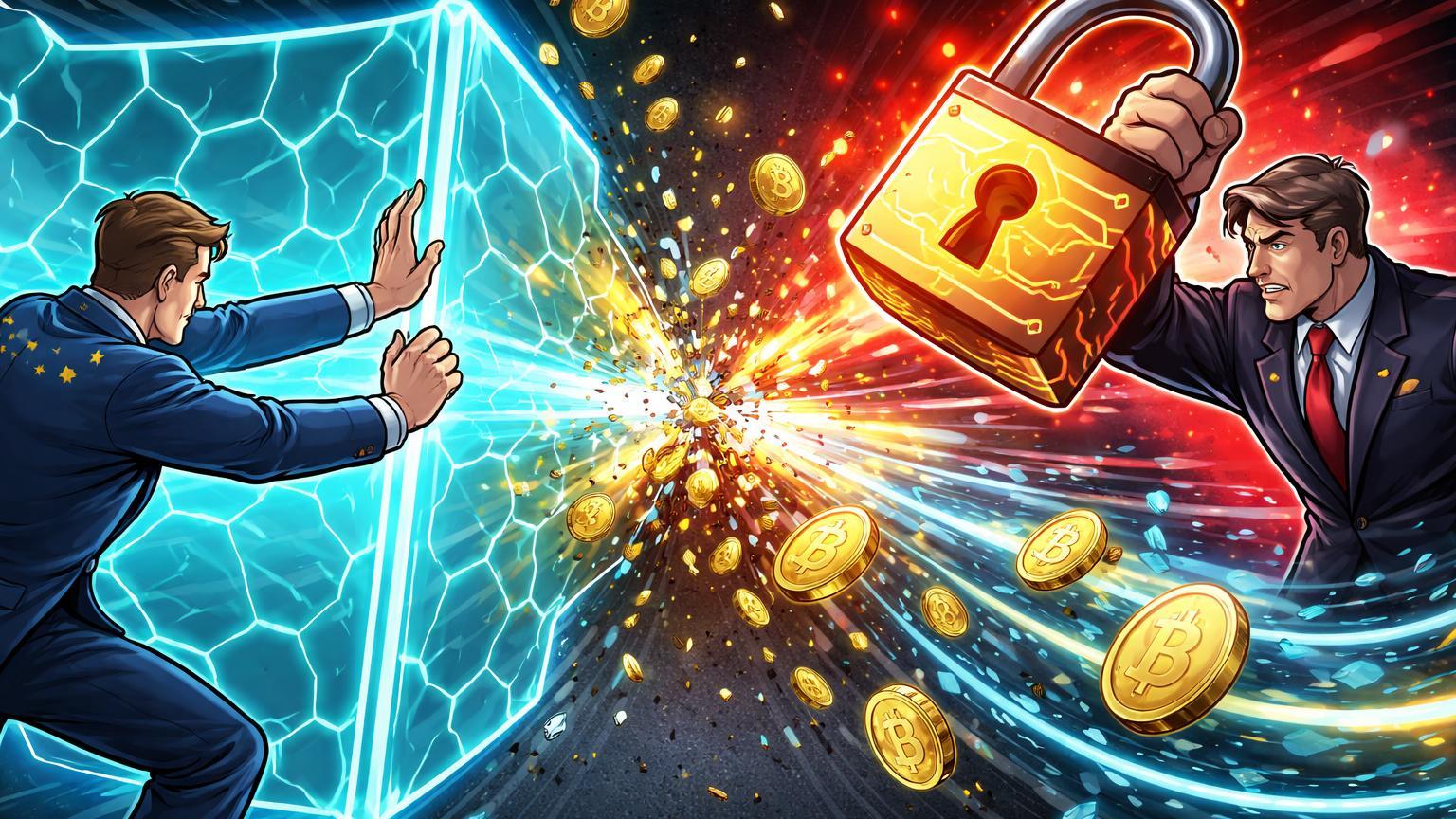 Reguladores cartoon da UE e Rússia erguendo barreiras cibernéticas que fragmentam fluxo cripto, ilustrando sanções e bloqueios geopolíticos