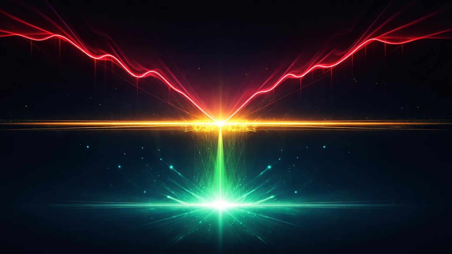 Linha dourada de suporte 65K sob pressão vermelha com pulso verde de sobrevenda emergindo, ilustrando análise técnica do Bitcoin