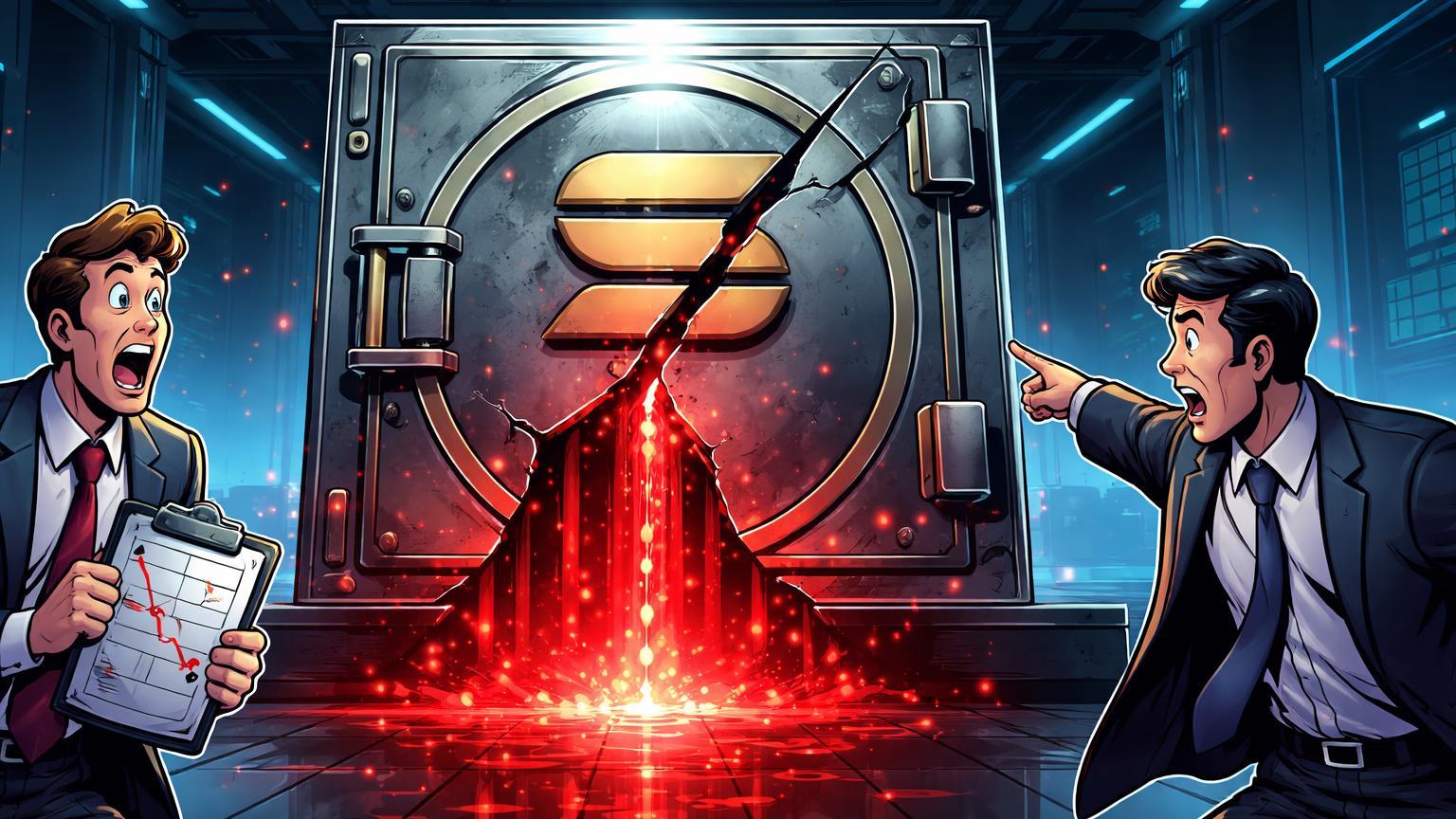 Executivos cartoon chocados vendo cofre Solana rachado vazando fluido vermelho, simbolizando US$ 1,4 bi em prejuízos de tesourarias institucionais