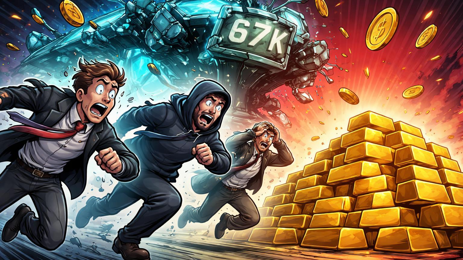 Traders cartoon em pânico fugindo de plataforma digital rachada para pilha de ouro, simbolizando fuga de capital do Bitcoin para ouro em bear market