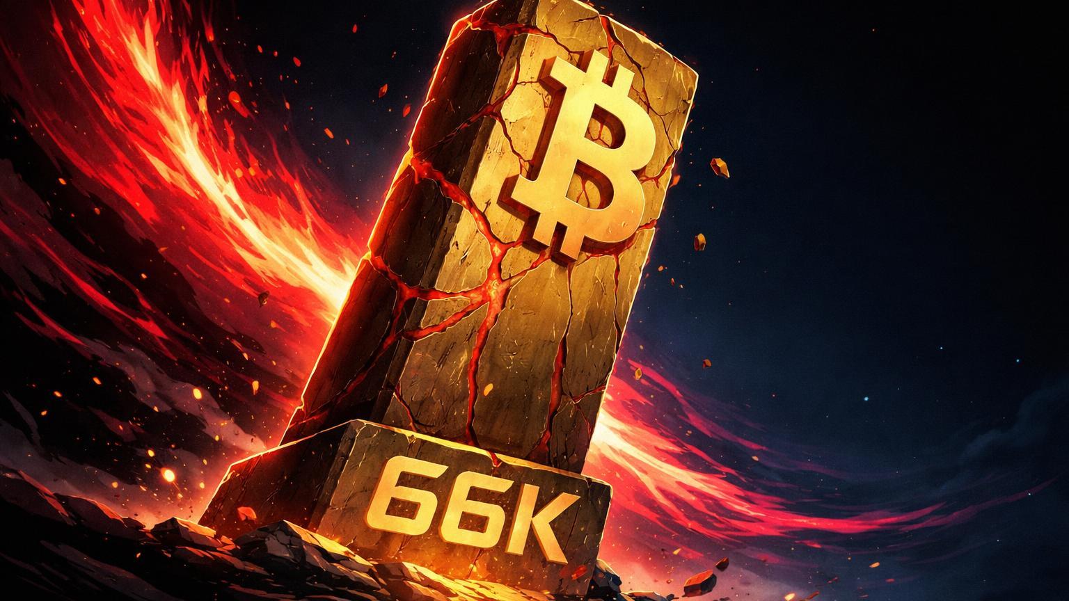 Pilar dourado Bitcoin com 66K gravado inclinando sob onda vermelha de pressão macro, representando recuo por emprego forte nos EUA