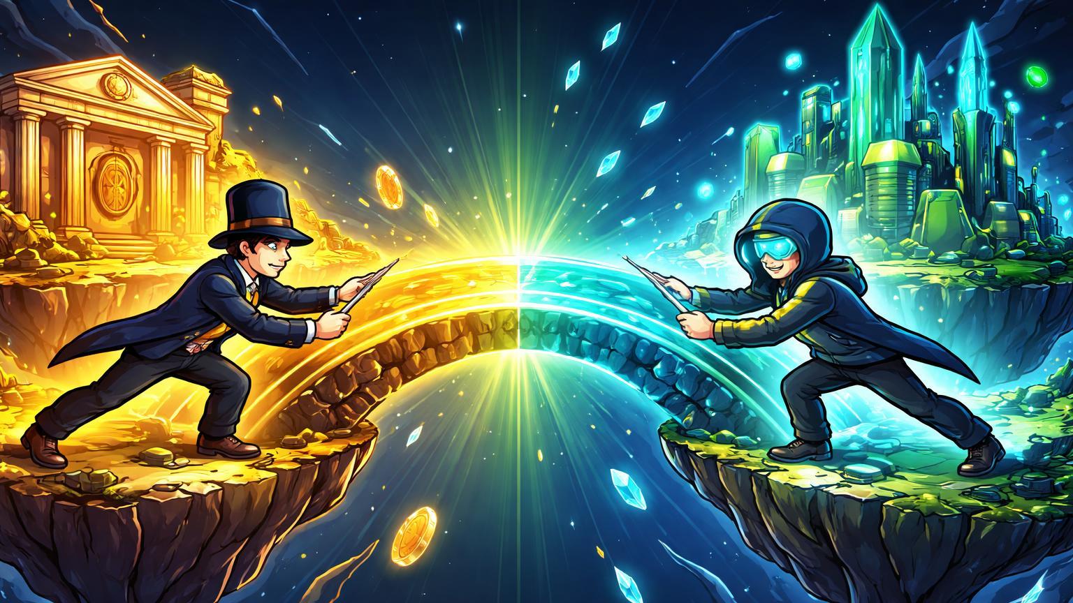 Personagens cartoon de TradFi e DeFi construindo ponte luminosa entre ilhas, simbolizando BlackRock validando DeFi com BUIDL na Uniswap