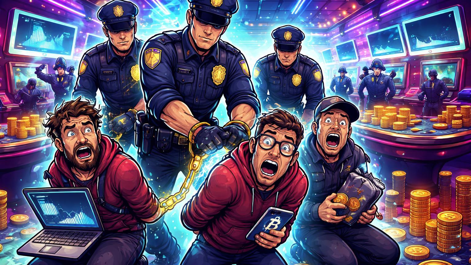 Policiais cartoon algemando golpistas em cassino neon com telas cripto, ilustrando prisões no Camboja e sentença nos EUA contra scams