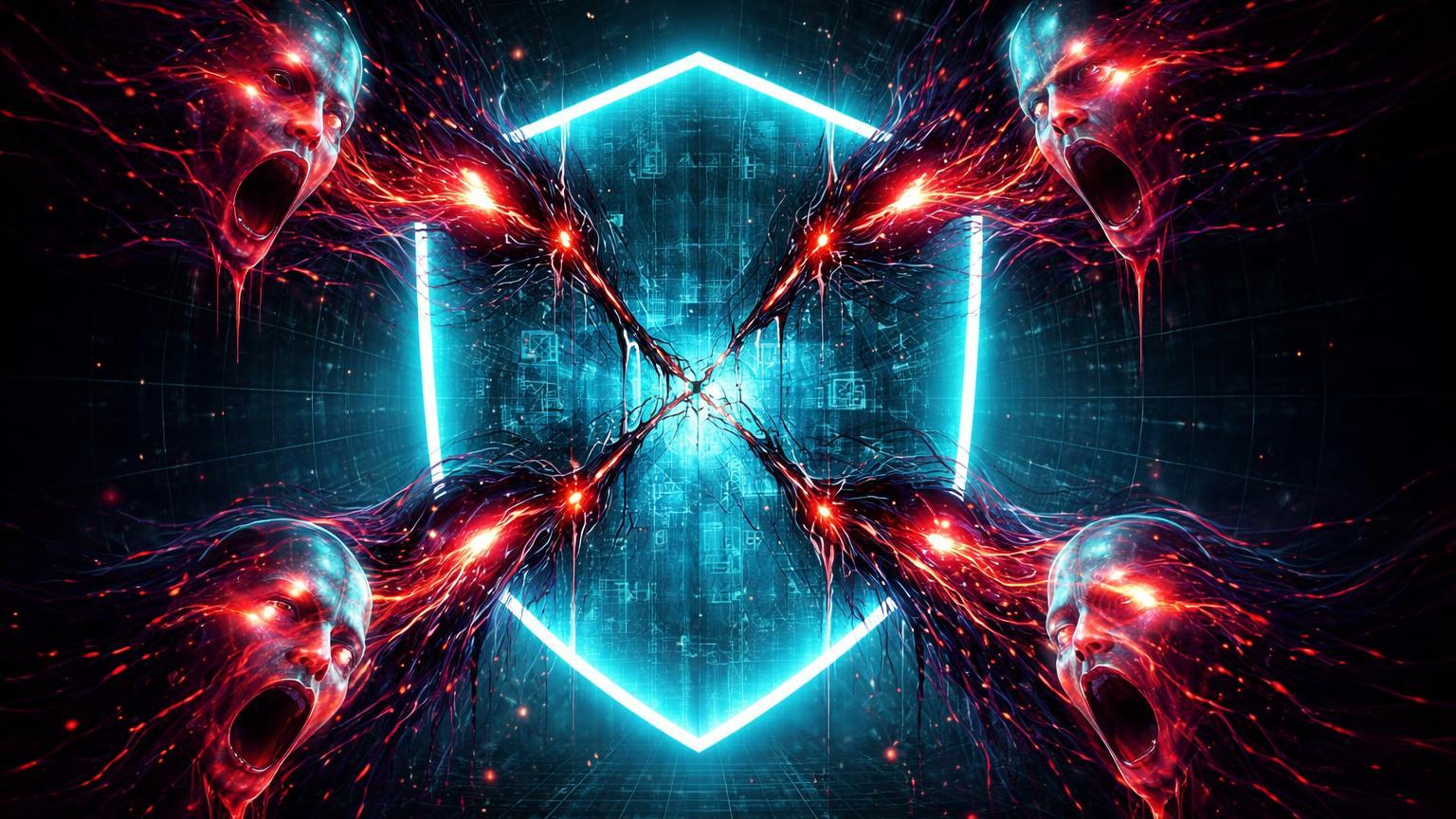 Rostos deepfake espectrais glitchados dissolvendo em fluxos de malware vermelho perfurando escudo cyan, simbolizando ataques hackers estatais a cripto