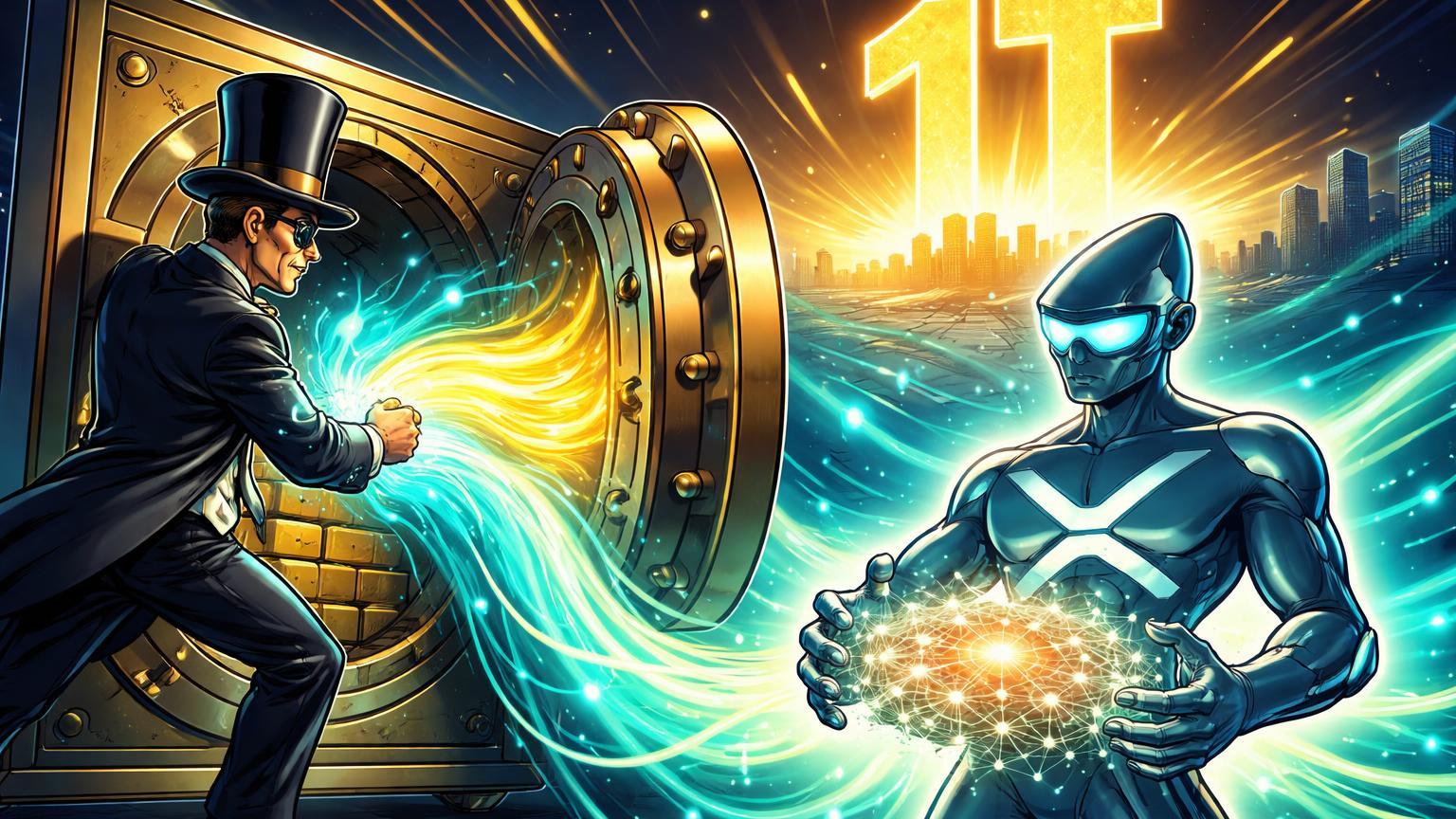 Banqueiro cartoon abrindo cofre liberando fluxo para figura XRP conectada a rede, com marco 1T, simbolizando adoção bancária impulsionando Ripple