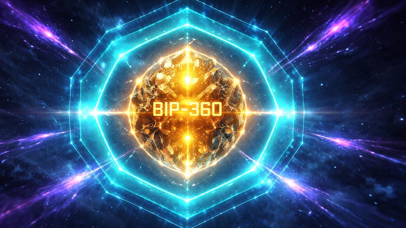 Núcleo cristalino Bitcoin com BIP-360 gravado protegido por barreira cyan repelindo partículas quânticas roxas, fortalecendo segurança contra computadores quânticos
