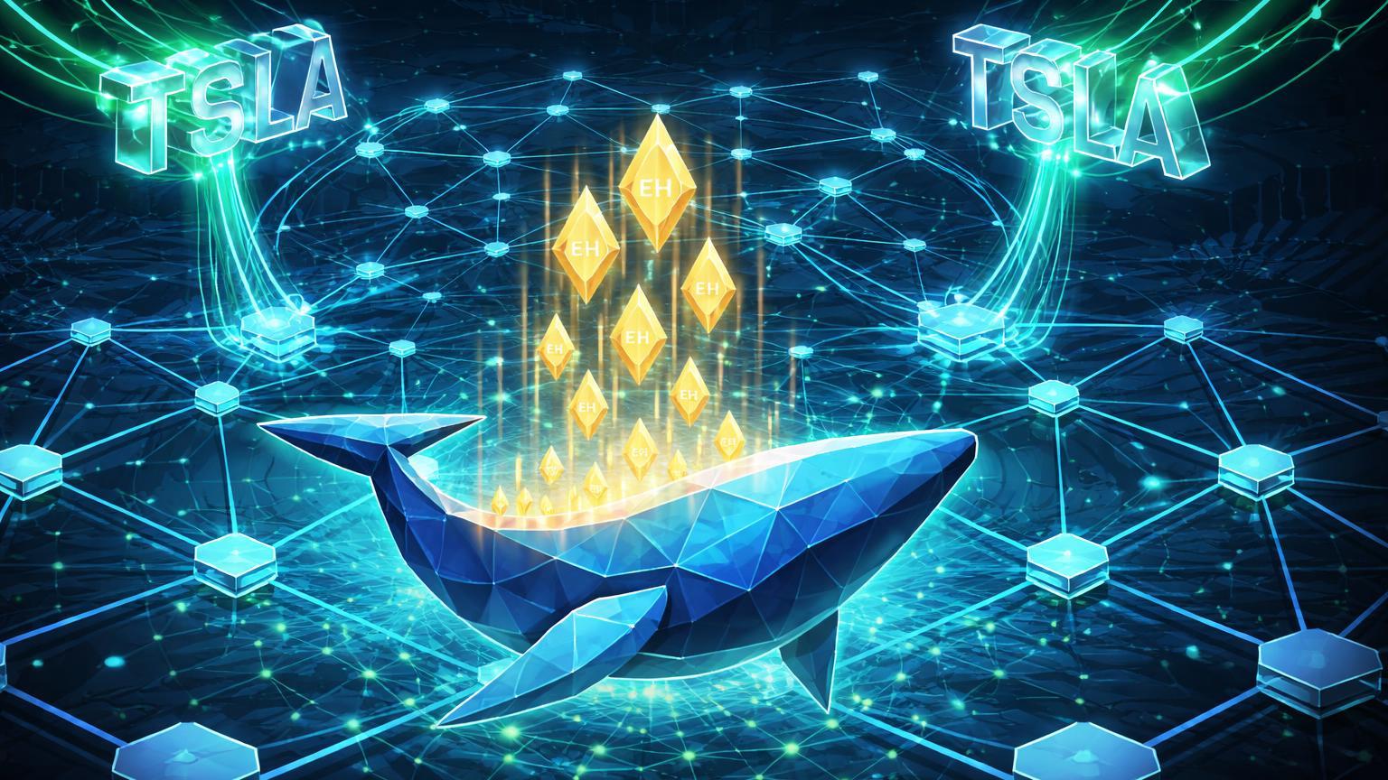 Rede isométrica DeFi absorvendo prismas TSLA como colateral com silhueta de baleia acumulando cristais ETH na baixa